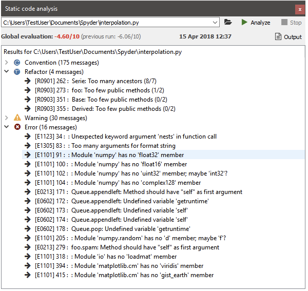 Pylint static code analysis output